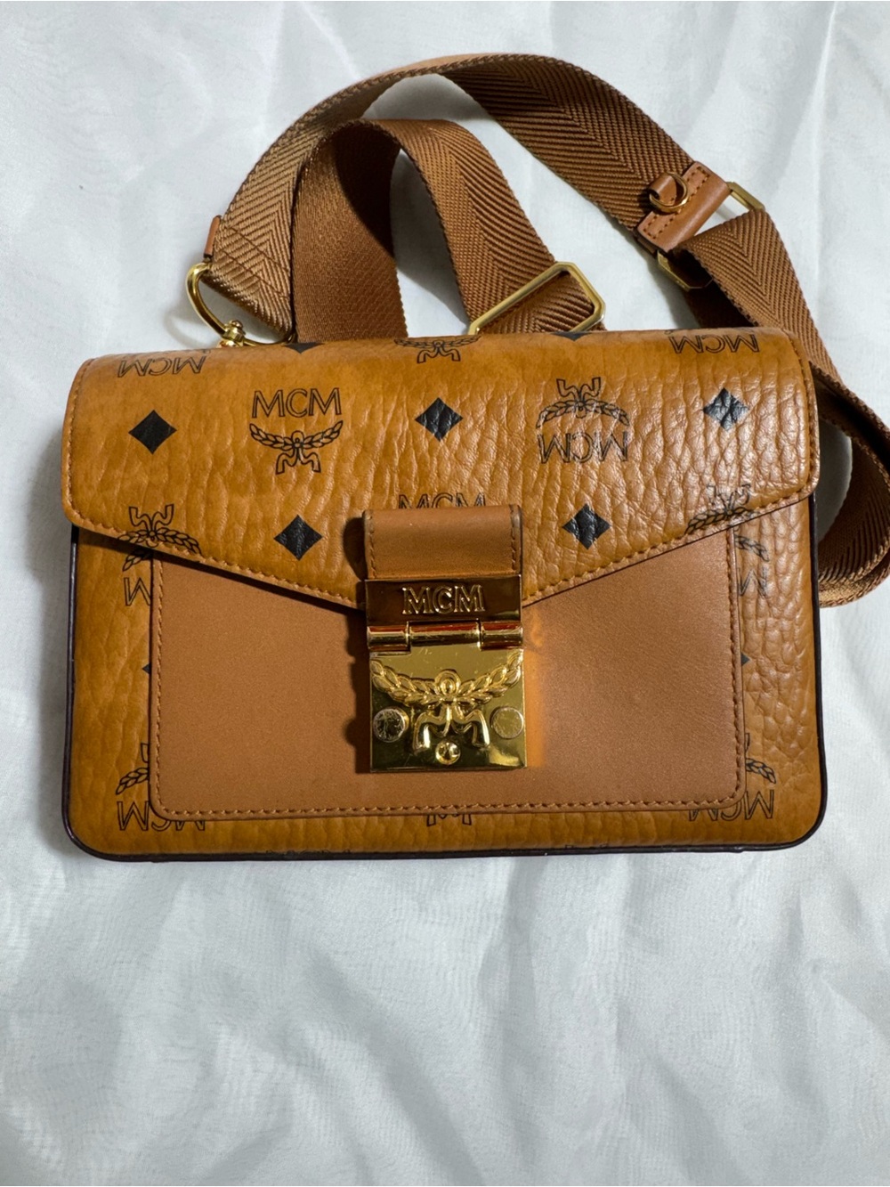MCM Cognac Visetos Logo Crossbody with Gold Hardware